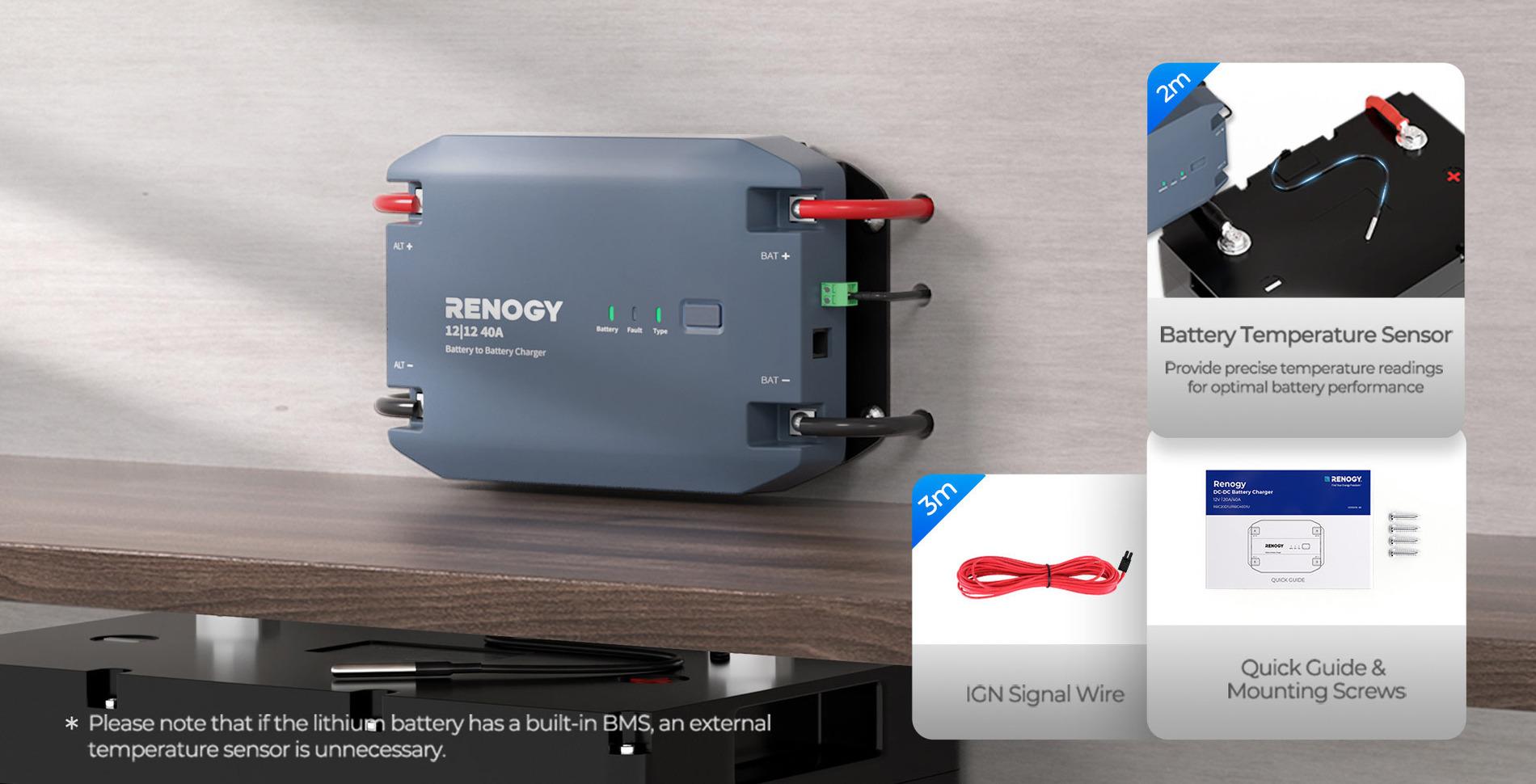 Renogy 40A 12V DC-DC Battery Charger showcasing features